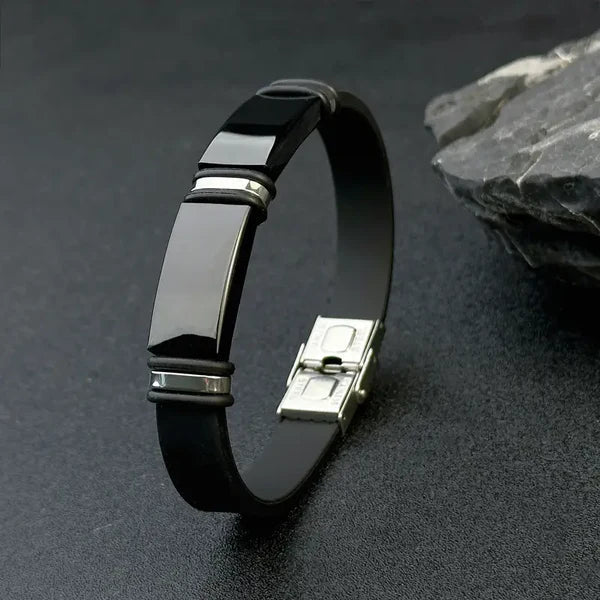 Elegant Black Silicone Bracelet with Steel Metallic Trending Detailing