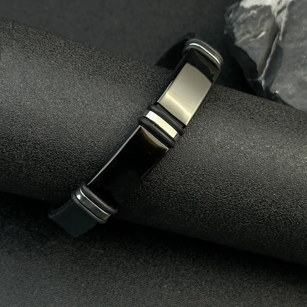 Elegant Black Silicone Bracelet with Steel Metallic Trending Detailing