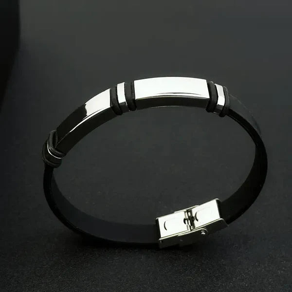 Elegant Black Silicone Bracelet with Steel Metallic Trending Detailing